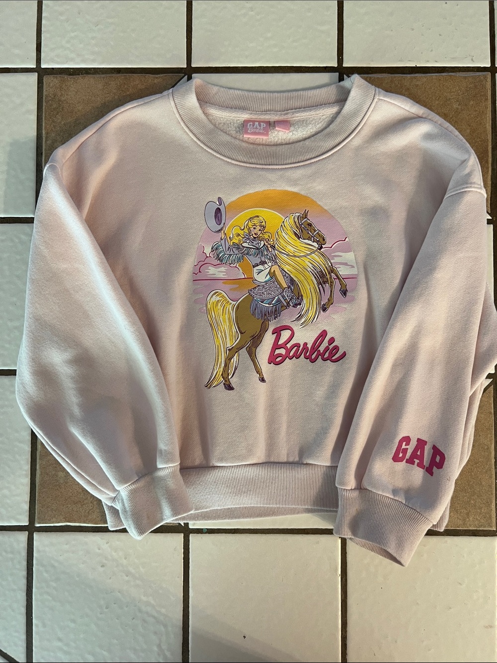 GAP Girls Light Pink Cowgirl Barbie Graphic Sweatshirt